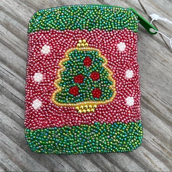VTG Buxton Beaded Christmas New Years Coin Change Purse Wallet Santa Tree New - Picture 1 of 4